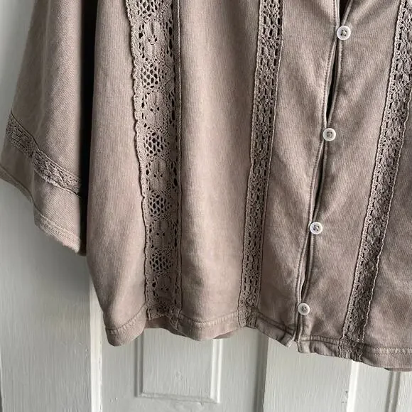 Aerie Airy Crochet Lace Trim Button Front Cardigan Top – Taupe | M - Picture 6 of 9